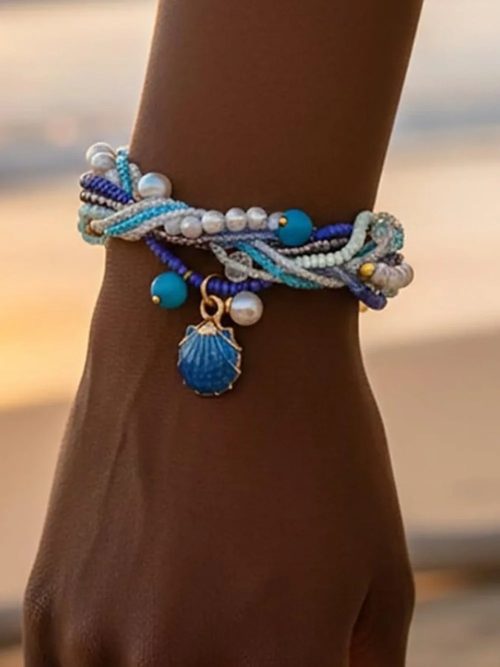 Anthropologie Blue and Turquoise Beaded Shell Charm Bracelet